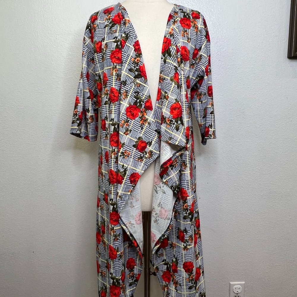 LuLaRoe Multicolor Floral‎ Plaid Print Shirley Kimono Cardigan Duster Size M